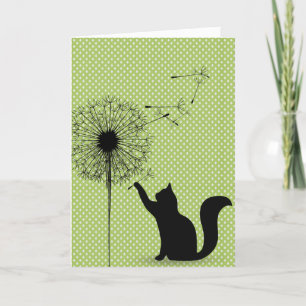 Cartão Gato Negro De Aniversário Com Dandelion Em Pontos