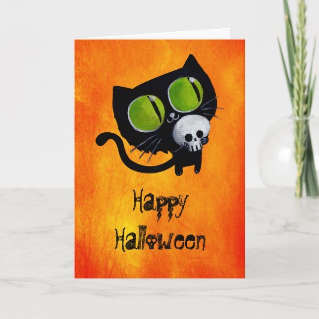 Cartão Gato Negro de Halloween com crânio (Frente)
