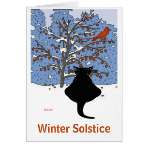 Cartão Gato Negro em Neve com Pássaro Vermelho