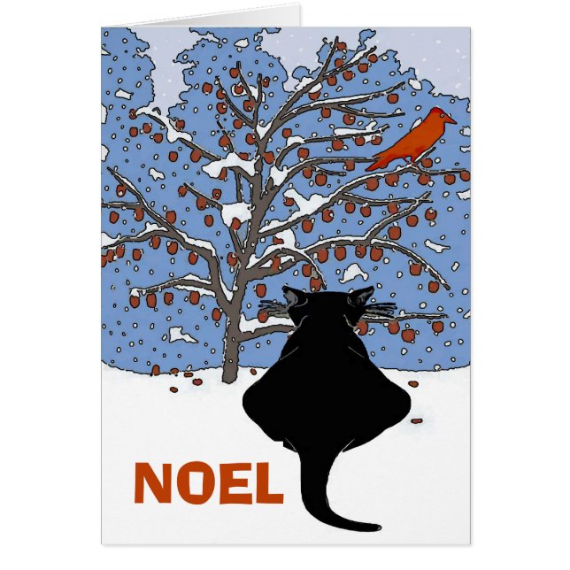 Cartão Gato Negro na Neve, Noel, Pássaro Vermelho (Frente)