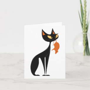 Cartão Gato Negro Segurando Rato Laranja