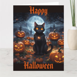 Cartão Gato Negro Spooky com Jack O'Lanterns