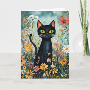 Cartão Gato Negro Whimsical com Ilustração de Flores Selv