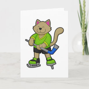 Cartão Gato no hóquei no gelo com taco de hóquei no gelo