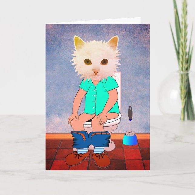 CARTÃO GATO NO TOILET ENGRAÇADO PENSANDO EM SUAS CARTAS (Frente)