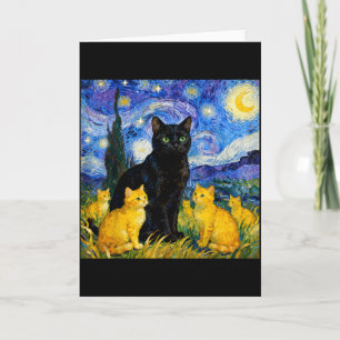 Cartão Gato Noite Estrelada Artístico Gato Preto & Gatinh