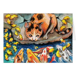 Cartão Gato pela lagoa de Koi