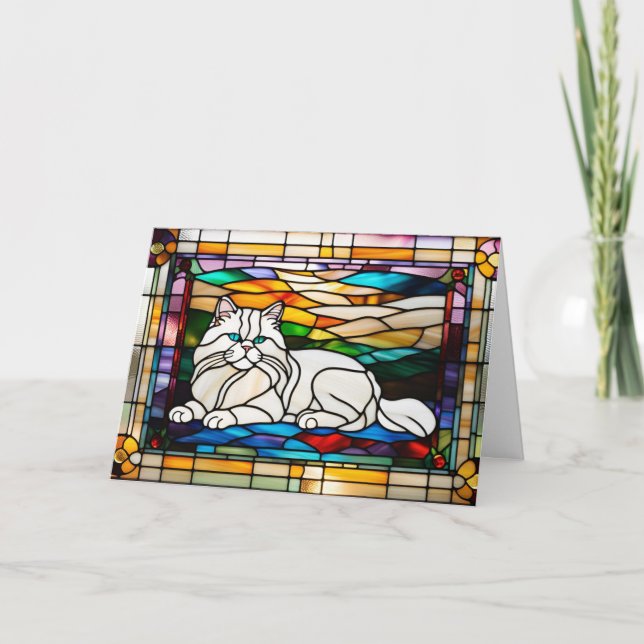 Cartão Gato Persa Branco Fofo em Vidro Pintado (Frente)
