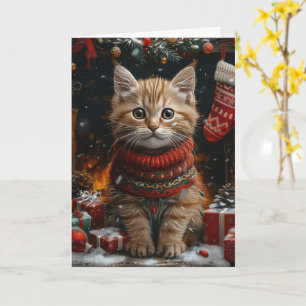 Cartão Gato Persa com Presentes de Natal Lareira