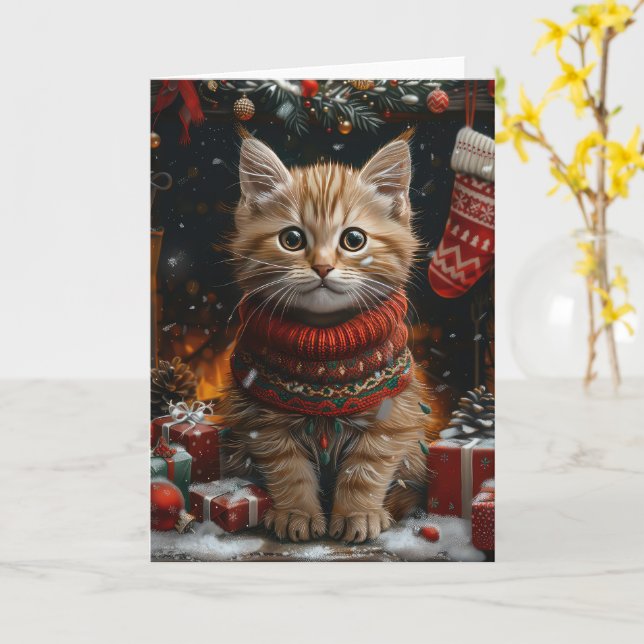 Cartão Gato Persa com Presentes de Natal Lareira (Flor Amarela)