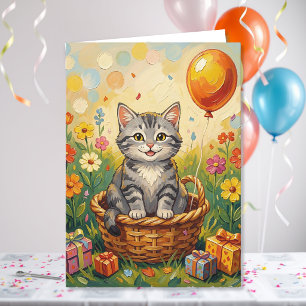 Cartão Gato Persa & Flores Feliz Aniversário Menina