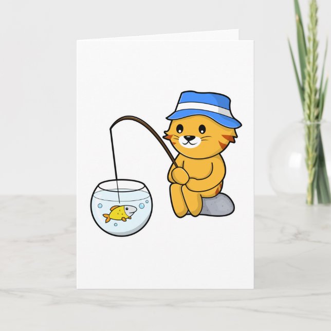 Cartão Gato Pescando com Peixe em Vidro (Frente)