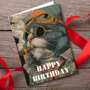 Cartão Gato Piloto de Aniversário Aviador Divertido Aviaç