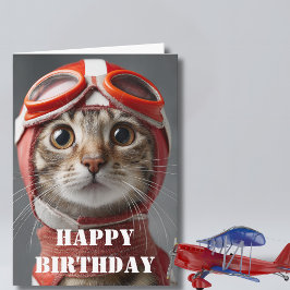 Cartão Gato Piloto de Aniversário Aviador Divertido Aviaç