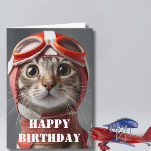 Cartão Gato Piloto de Aniversário Aviador Divertido Aviaç