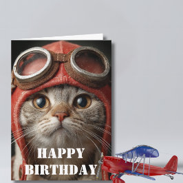 Cartão Gato Piloto de Aniversário Aviador Divertido Aviaç