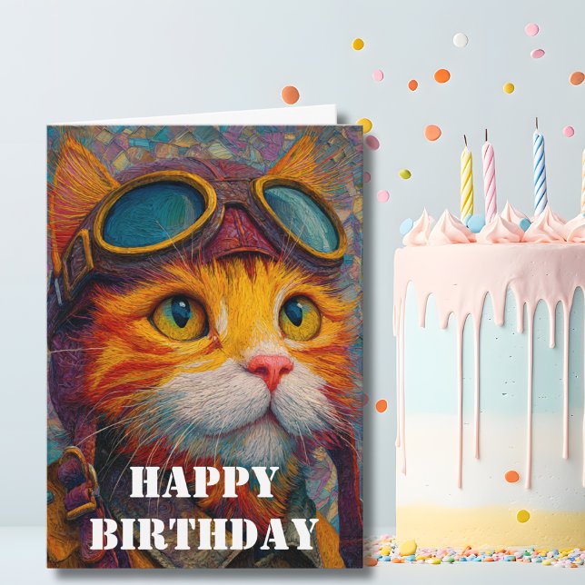 Cartão Gato Piloto de Aniversário Aviador Divertido Aviaç (Criador carregado)