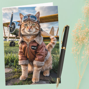 Cartão Gato Piloto de Aniversário & Avião Engraçado Aviaç