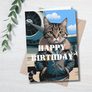 Cartão Gato Piloto Engraçado & Avião, Aniversário de Avia