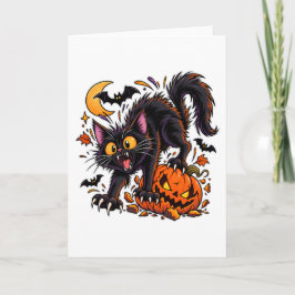Cartão Gato Preto Assustador e Abóbora de Halloween