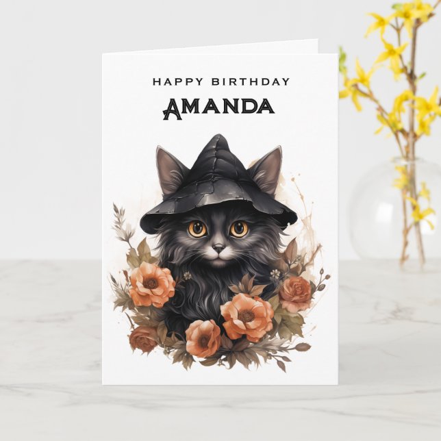 Cartão Gato preto bonito no aniversário do chapéu de uma  (Flor Amarela)