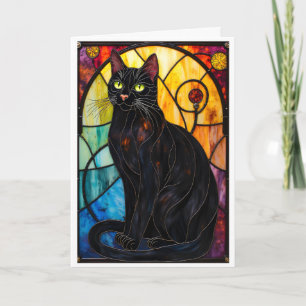 Cartão Gato Preto Charmoso Estilo Vidro Colorido