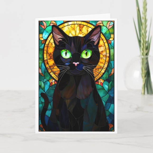 Cartão Gato Preto Charmoso Olhos Verdes Estilo Vitral (Frente)