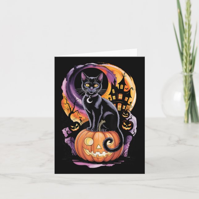 Cartão Gato Preto Com Abóboras Sob Lua Cheia No Halloween (Frente)