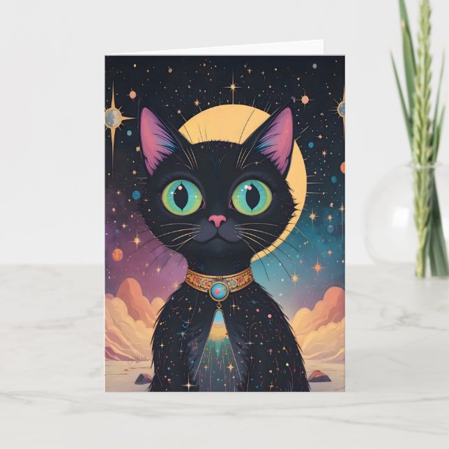 Cartão Gato Preto Cósmico Futurista Atômico ao Luar (Frente)
