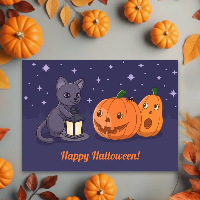 Cartão Gato Preto de Halloween, Abóboras, Lanterna em Rox (Criador carregado)