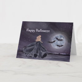 Cartão Gato Preto de Halloween Bruxa Abóboras Suculentas 