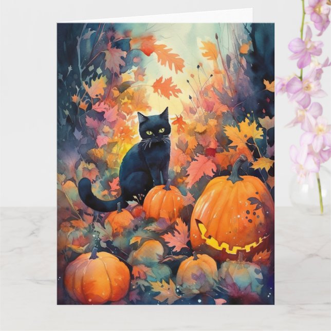 Cartão Gato Preto de Halloween com Abóboras Assustador (Orquídea)