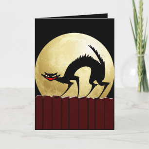 Cartão Gato Preto de Halloween com lua cheia