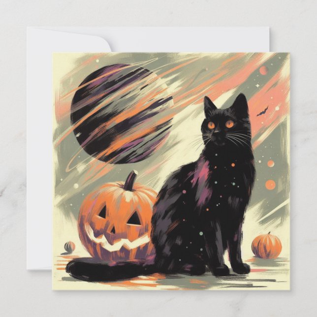 Cartão Gato Preto de Halloween e Abóbora (Frente)
