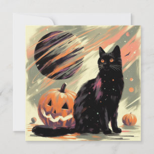 Cartão Gato Preto de Halloween e Abóbora