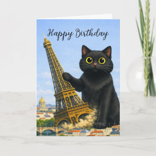 Cartão Gato Preto Divertido Derruba a Torre Eiffel Feliz 