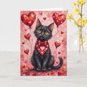 Cartão Gato Preto do Dia dos Namorados Sentado com Coraçõ