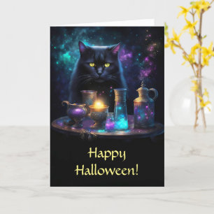 Cartão Gato Preto do Halloween com Poções Místicas Místic