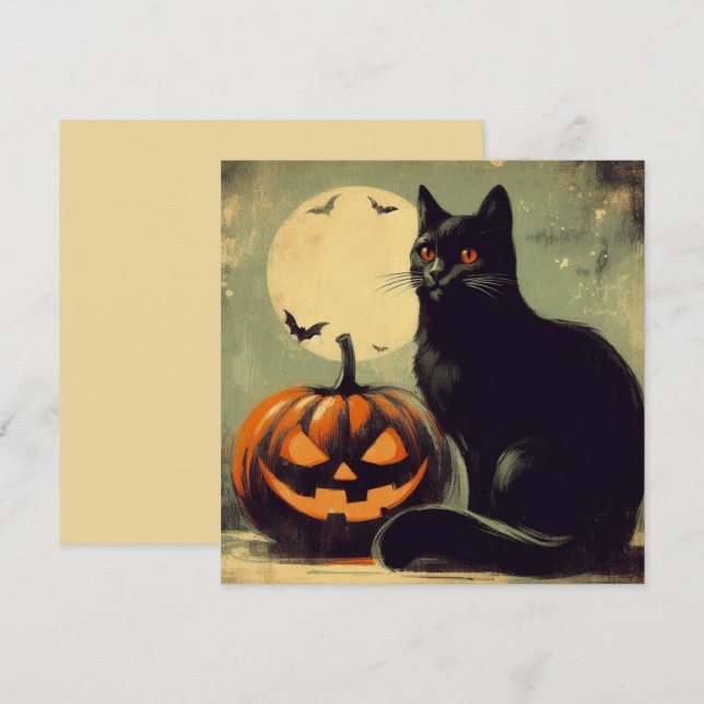 Cartão Gato Preto e Abóbora de Halloween (Frente/Verso)