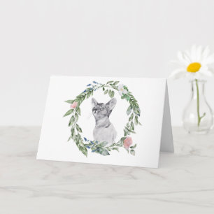 Cartão Gato Preto e Branco Aquarela Verde Floral Rosa 