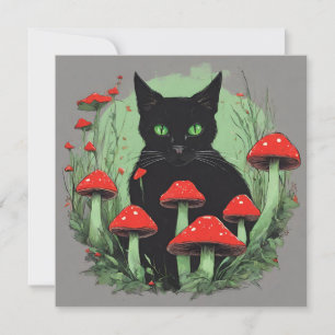 Cartão Gato Preto e Cogumelos Vermelhos Selvagens da Flor