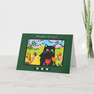 Cartão Gato Preto e Frango no Jardim Floral Cute Páscoa
