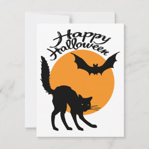 Cartão Gato preto e morcego de Halloween com lua, hallowe
