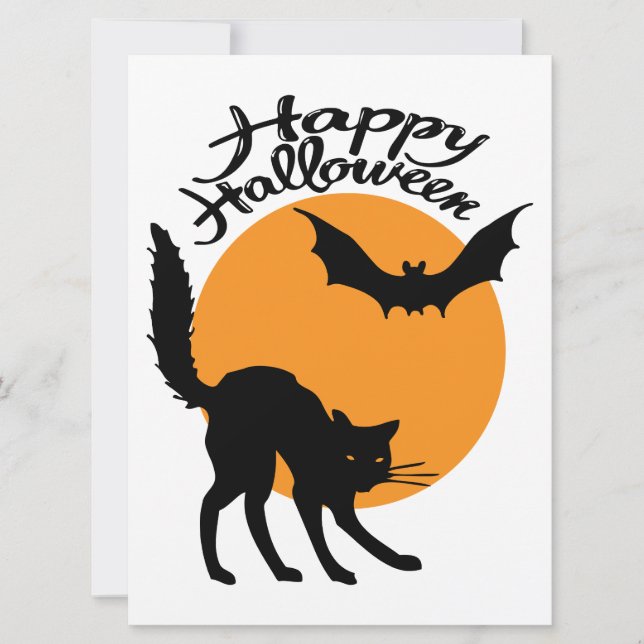 Cartão Gato preto e morcego de Halloween com lua, hallowe (Frente)