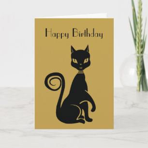Cartão Gato Preto Elegante Feliz Aniversário