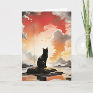 Cartão Gato Preto em Aquarela em uma Rocha Retrato em Bra