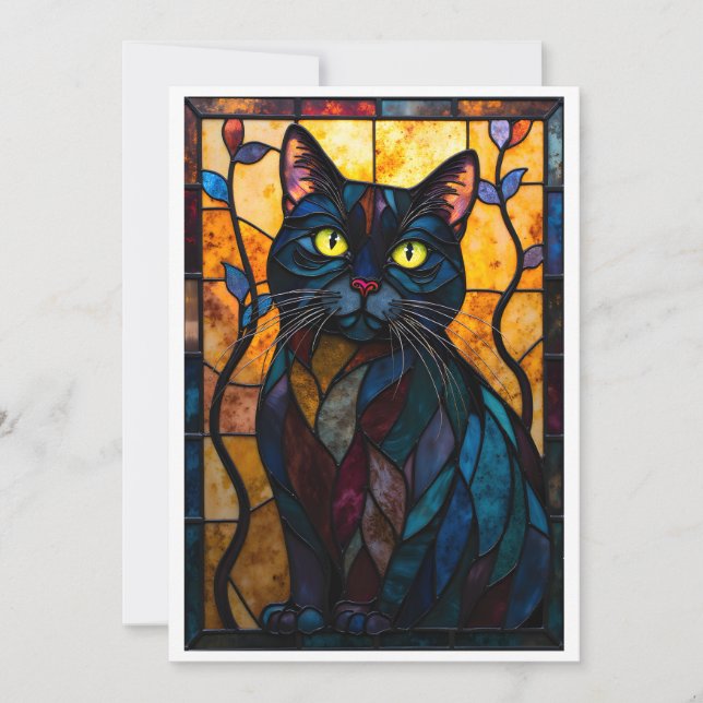 Cartão Gato Preto em Estilo de Vitral com Folhas Plano (Frente)