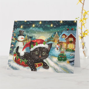 Cartão Gato Preto em Trenó Neve Natal