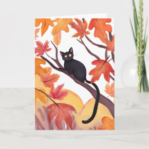 Cartão Gato Preto em uma Árvore   Outono Espantoso Fofo