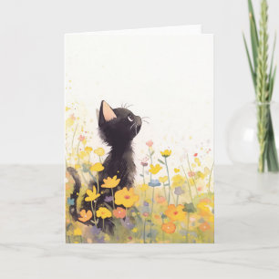 Cartão Gato Preto Entre as Flores